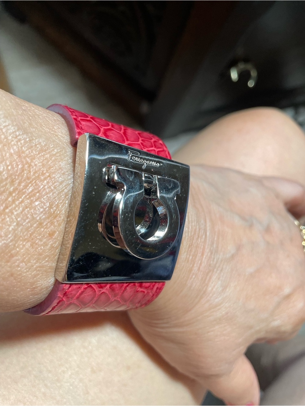 Salvatore Ferragamo Pink Textured Leather Bracelet with Silver Gancini Plate